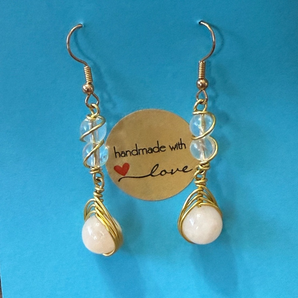 New Handmade Gold and White Wirh Pink Tones Wire-Wrapped Earrings